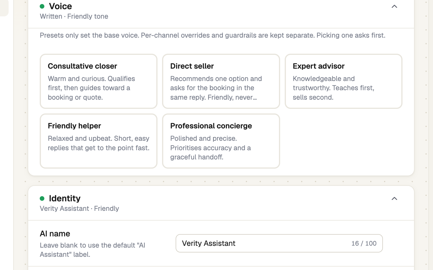 Behaviour page with voice presets and identity settings