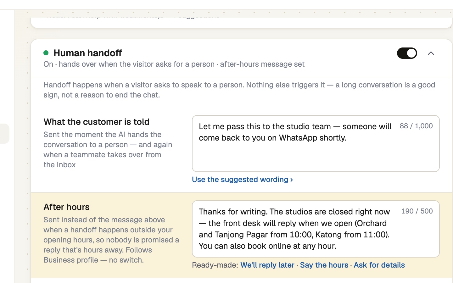 Behaviour page with the Human handoff card open