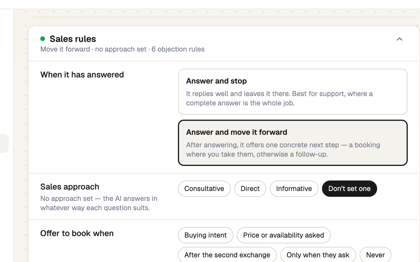 Behaviour page with the Sales rules card open