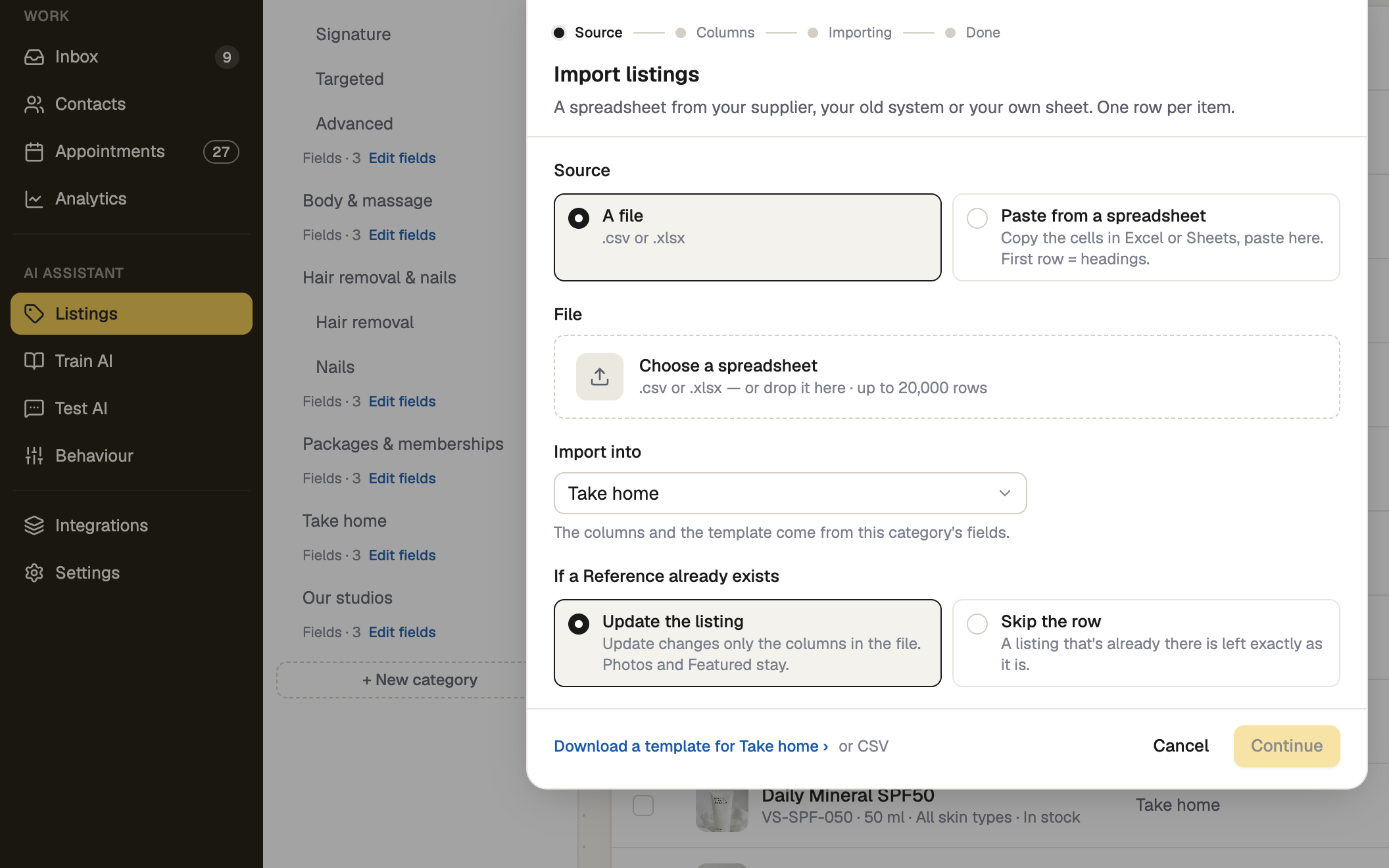 Import listings window on its Source step