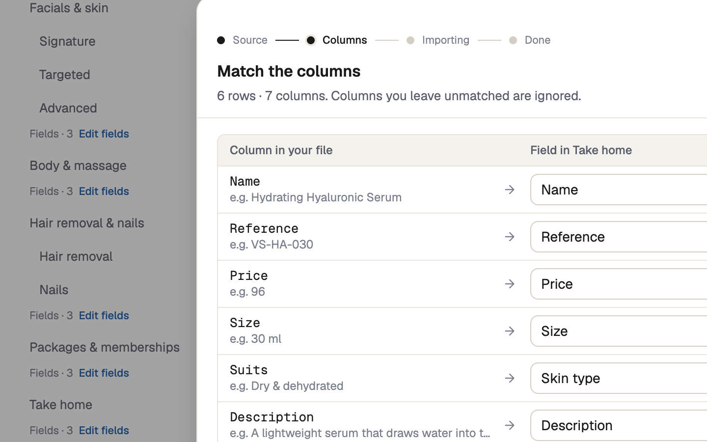 Import window on its Match the columns step