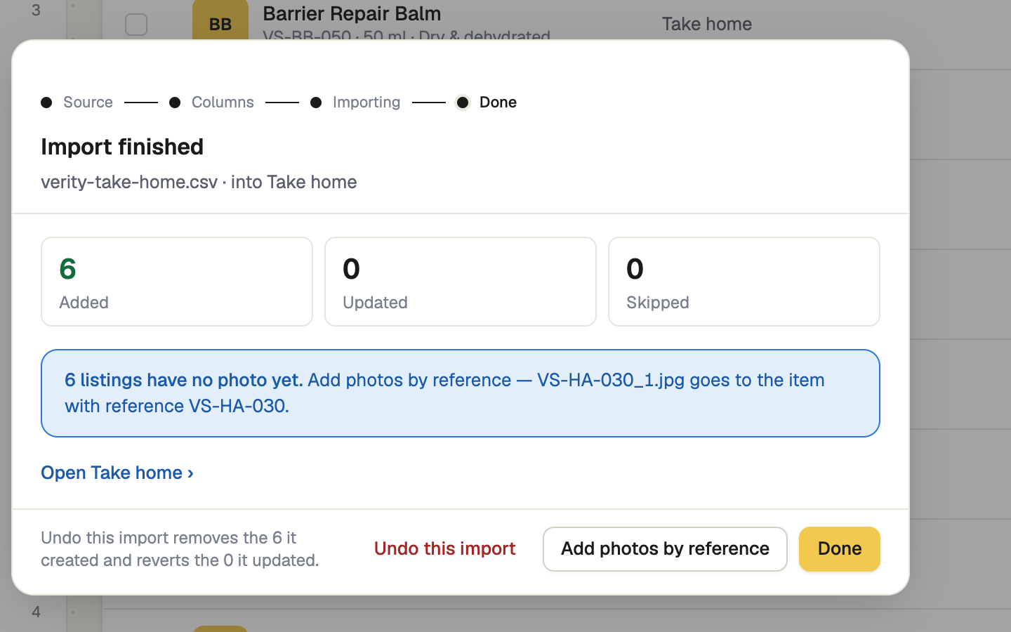 Import finished window with added, updated and skipped counts