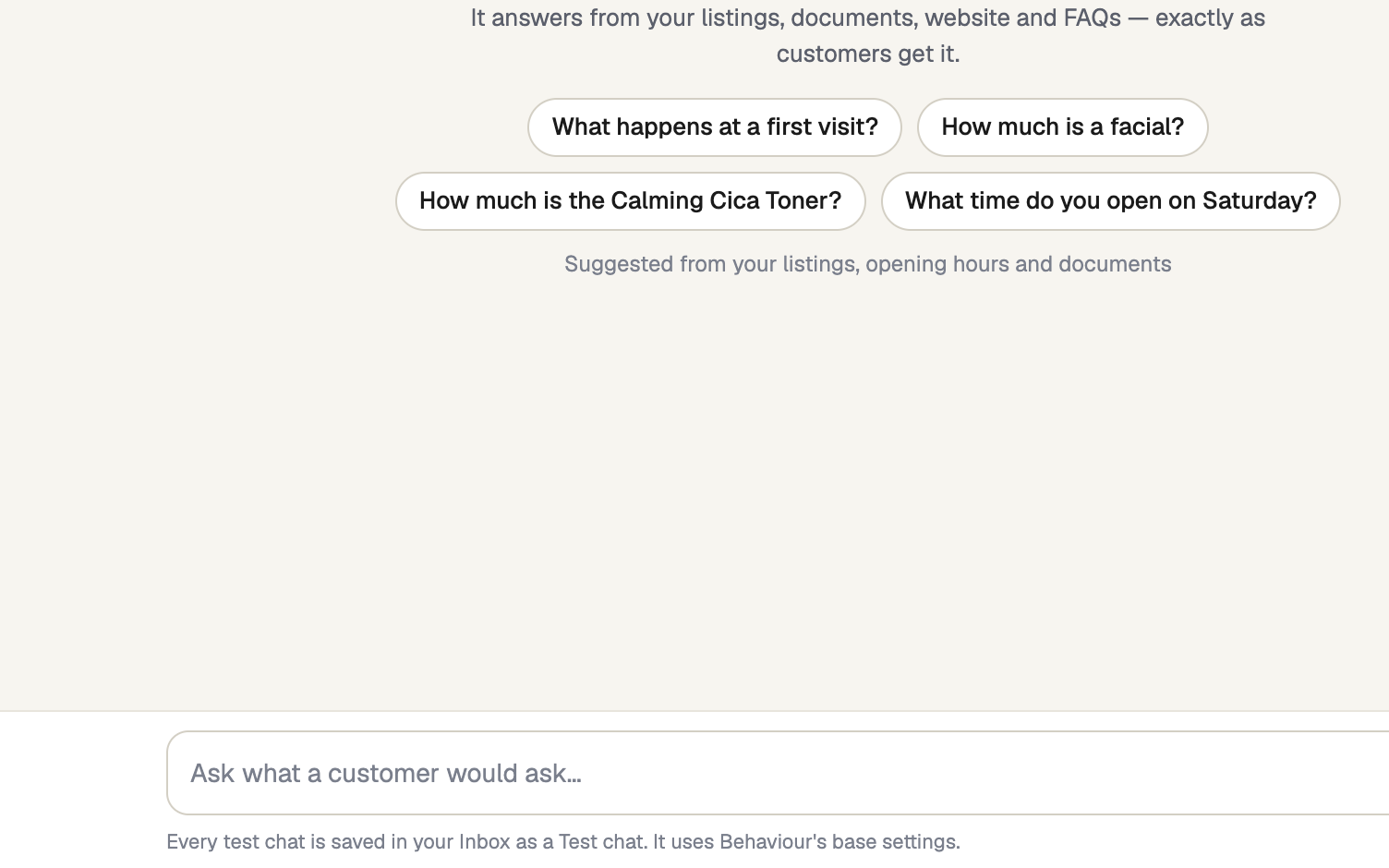 Test AI page with suggested questions and a message box