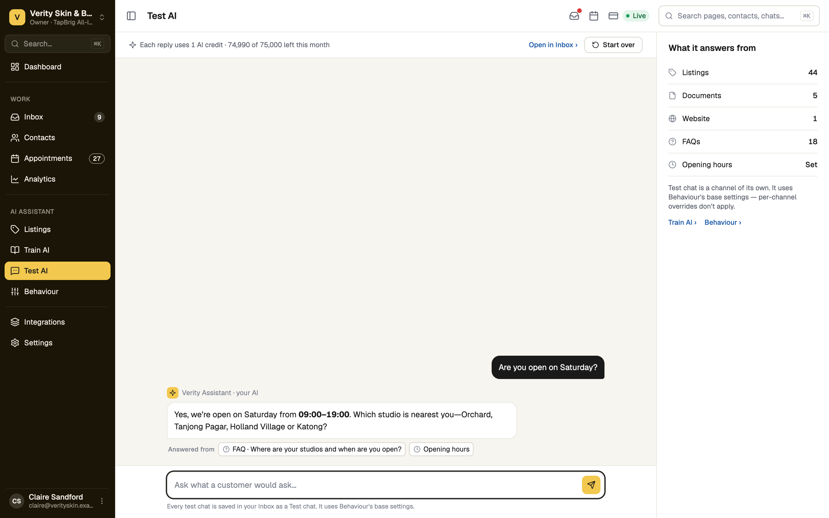 Test AI answer with Answered from source chips
