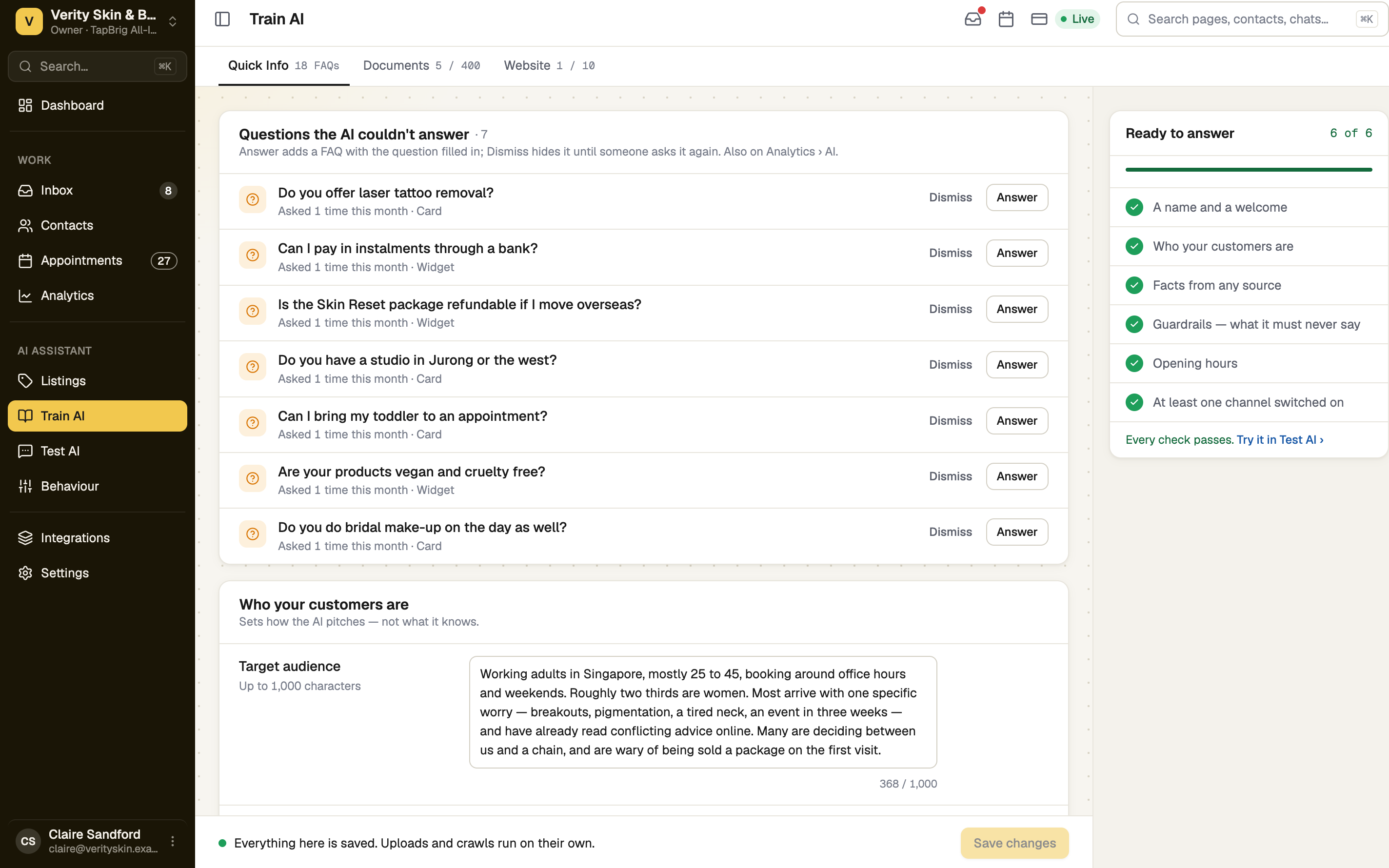 Train AI Quick Info tab with questions the AI couldn't answer and Ready to answer