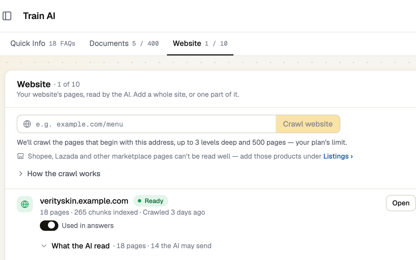 Train AI Website tab with the address field and a crawled site