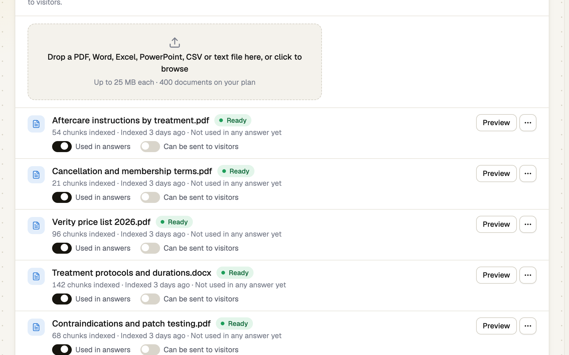 Train AI Documents tab with an upload area and five files