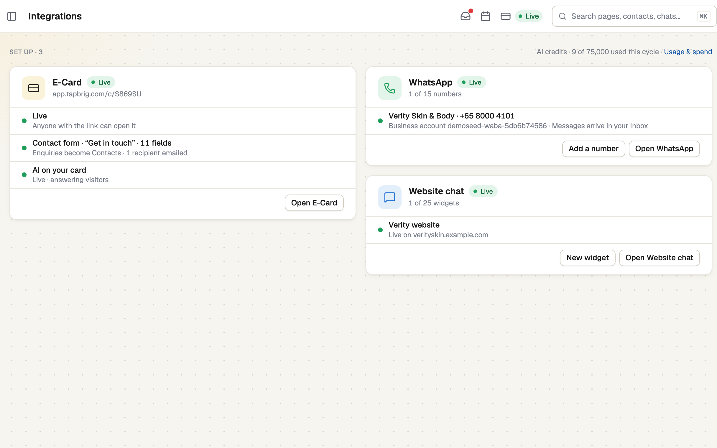 Integrations page with each channel's AI state