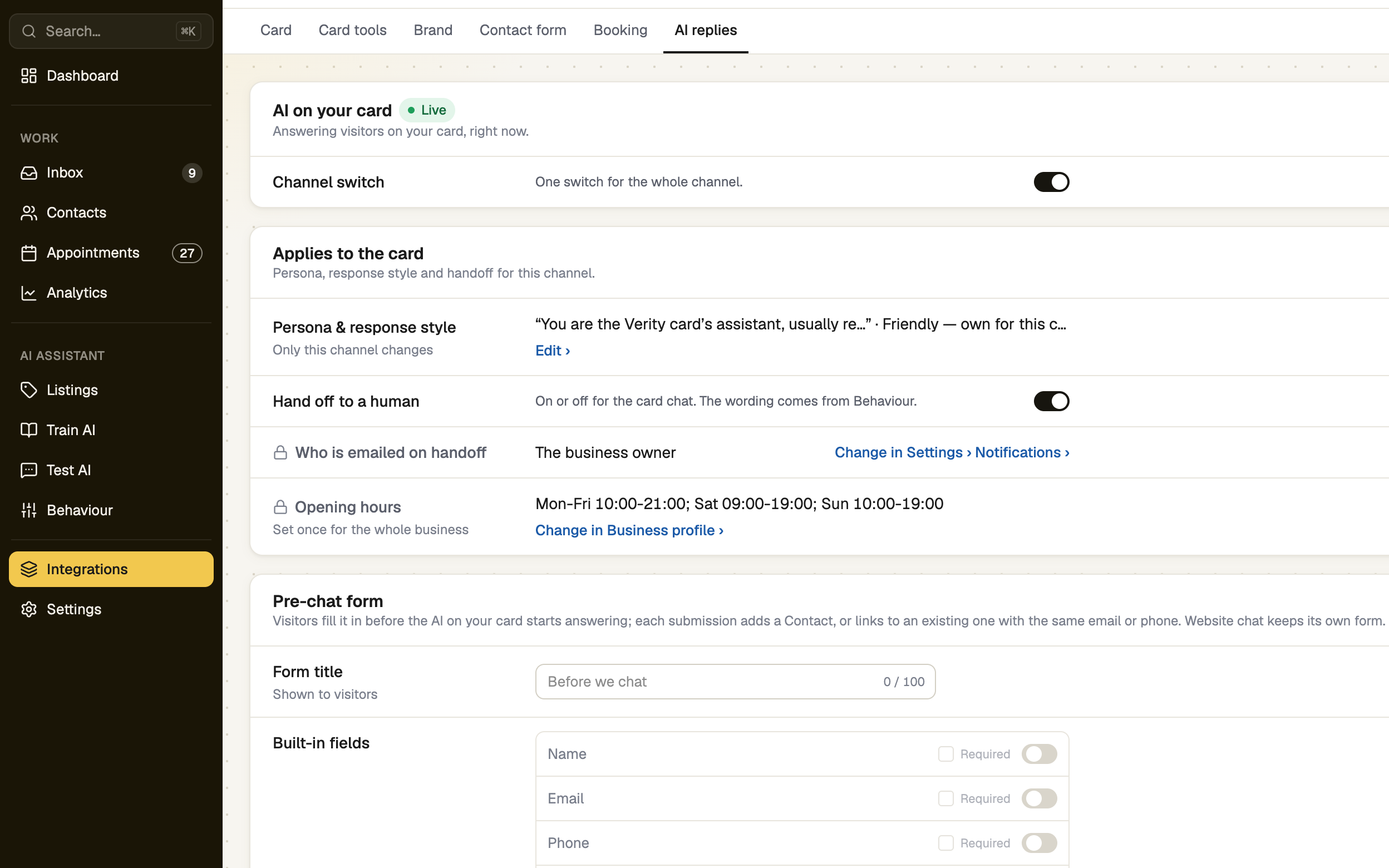 E-Card AI replies tab with the Channel switch turned on