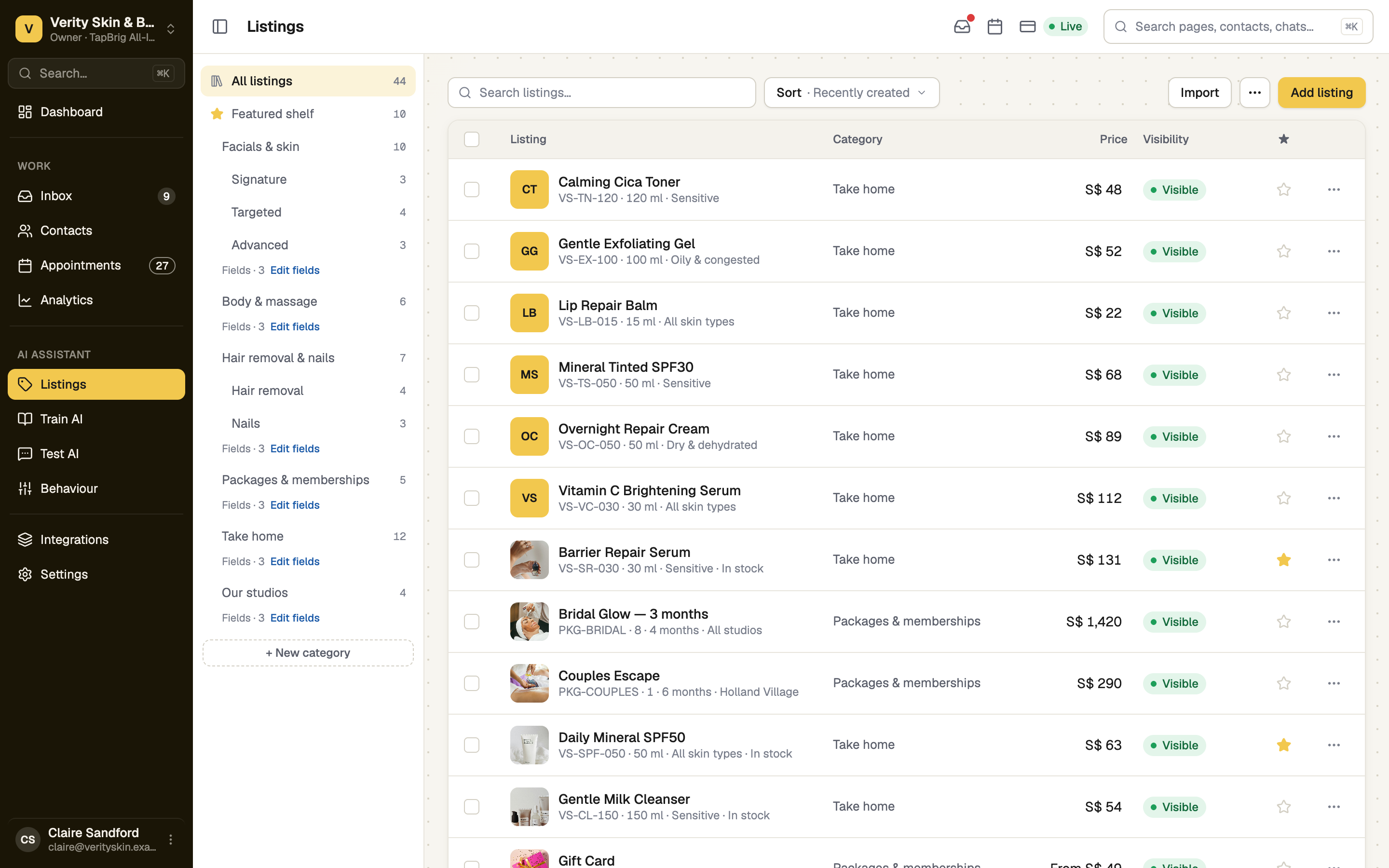 Listings page with categories, star and visibility columns