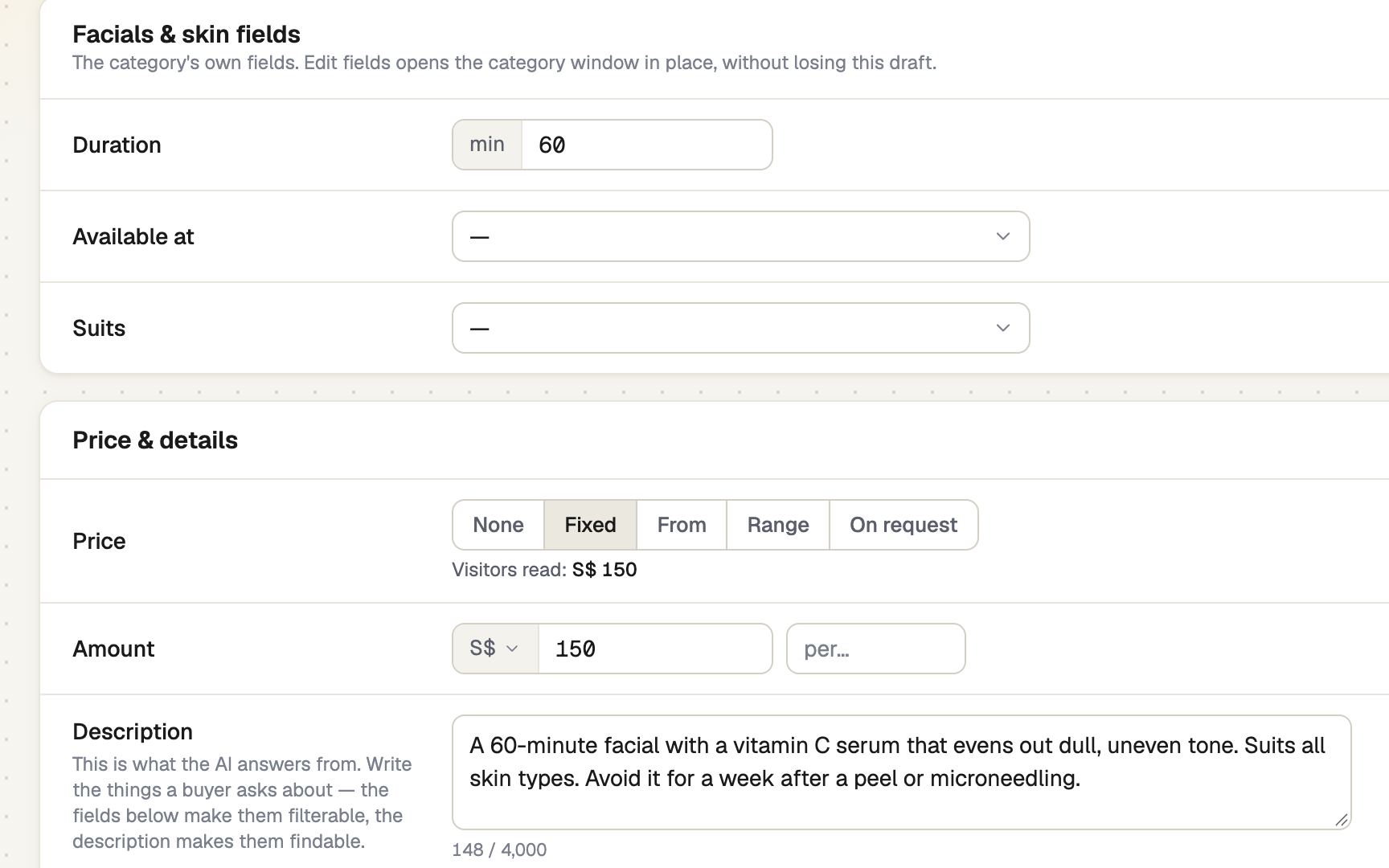 Listing editor with category fields, price options and description