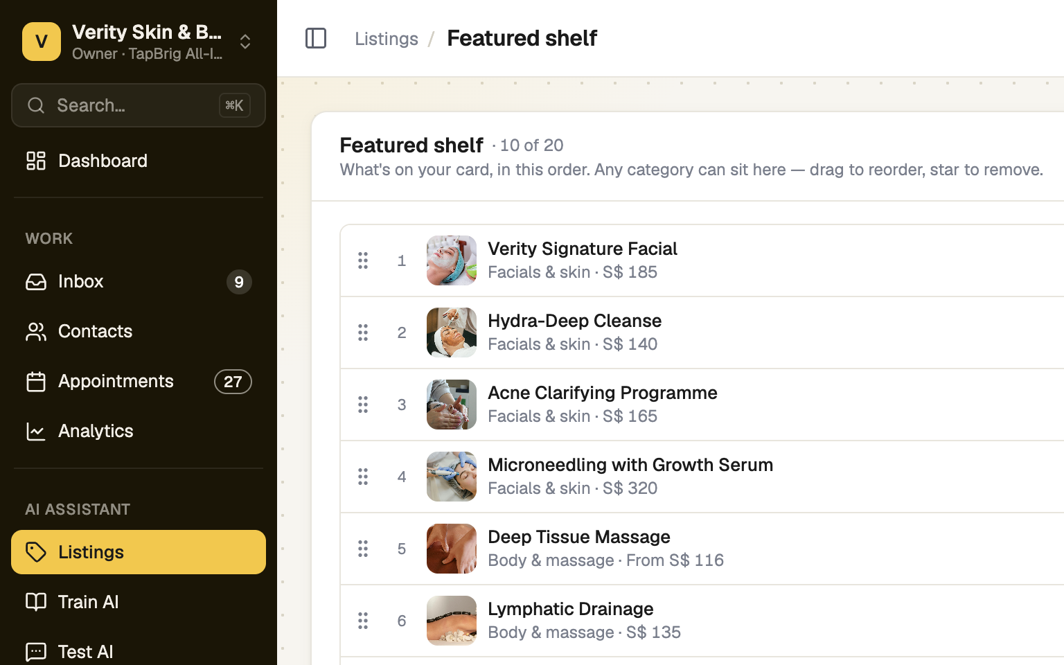 Featured shelf page with draggable starred listings