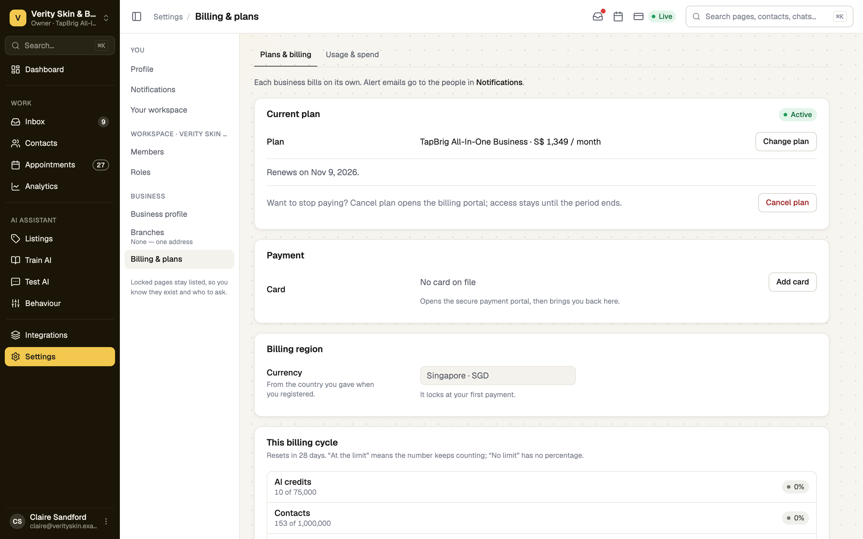 Billing and plans page with current plan, payment and billing region