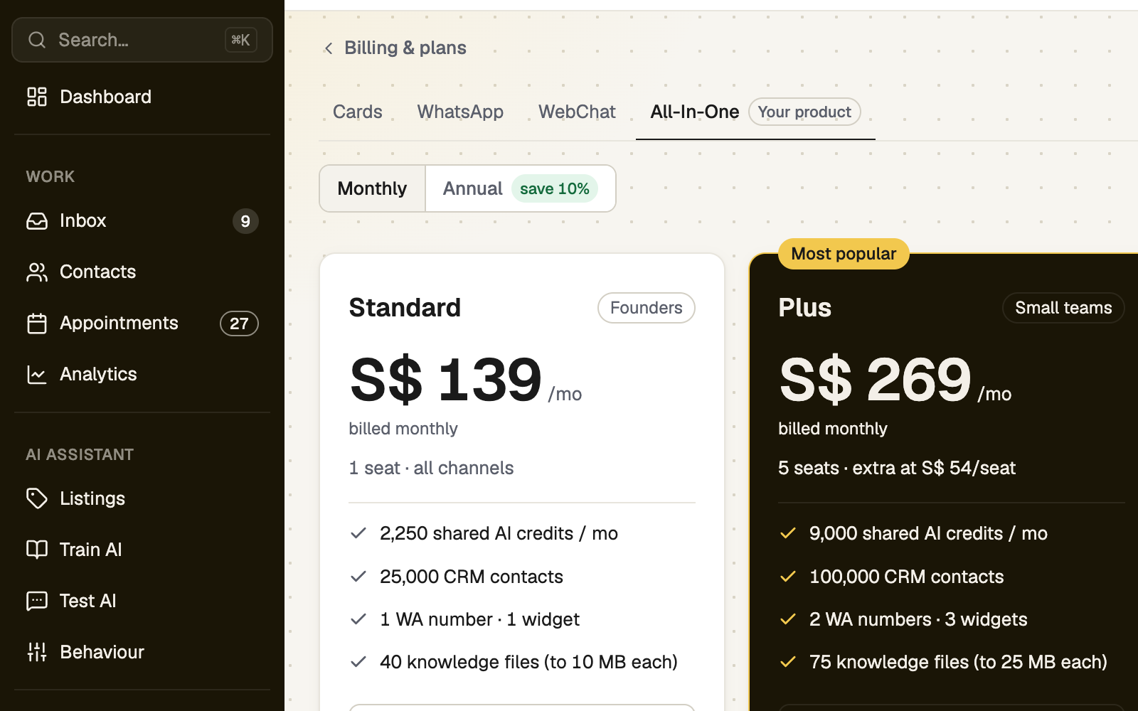 Change plan page with product tabs, billing period switch and plan cards