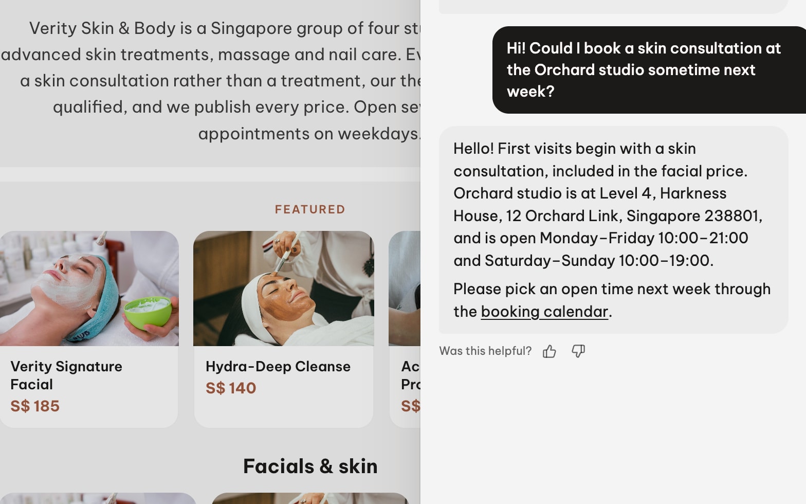 Card chat where the AI answers a booking request with the booking page link