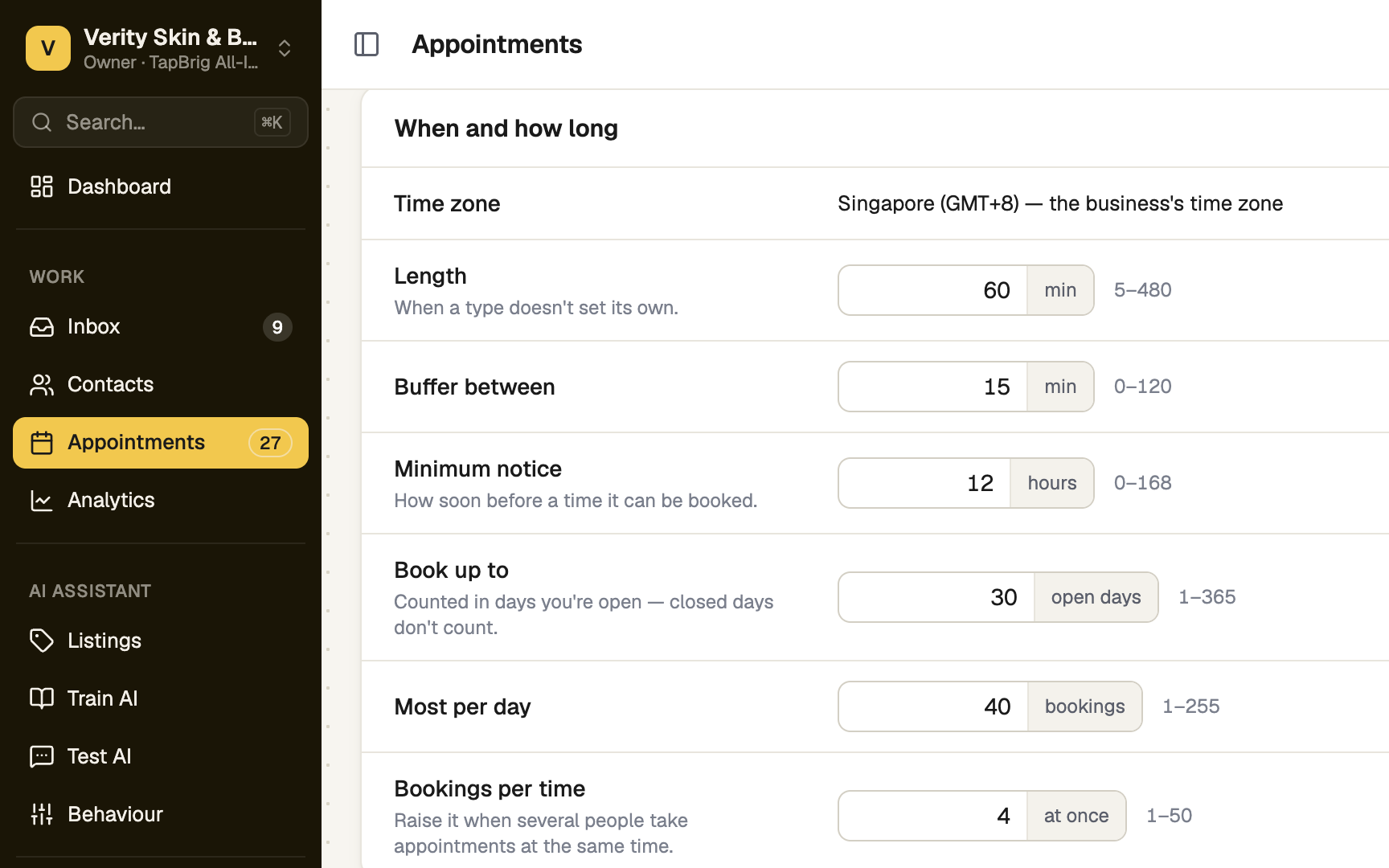 Appointments Settings tab with the When and how long rules