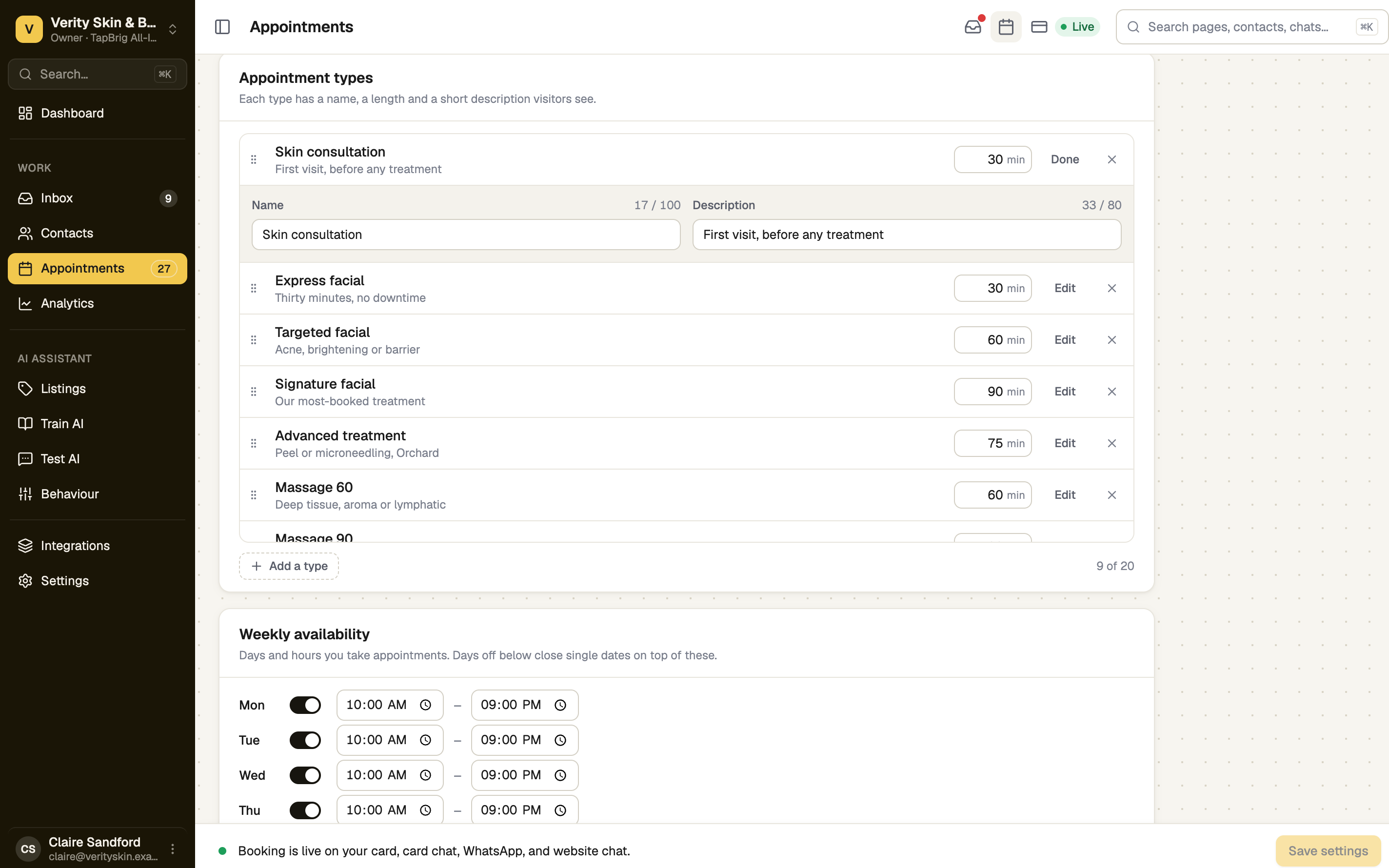 Appointment types list with the first type open for editing