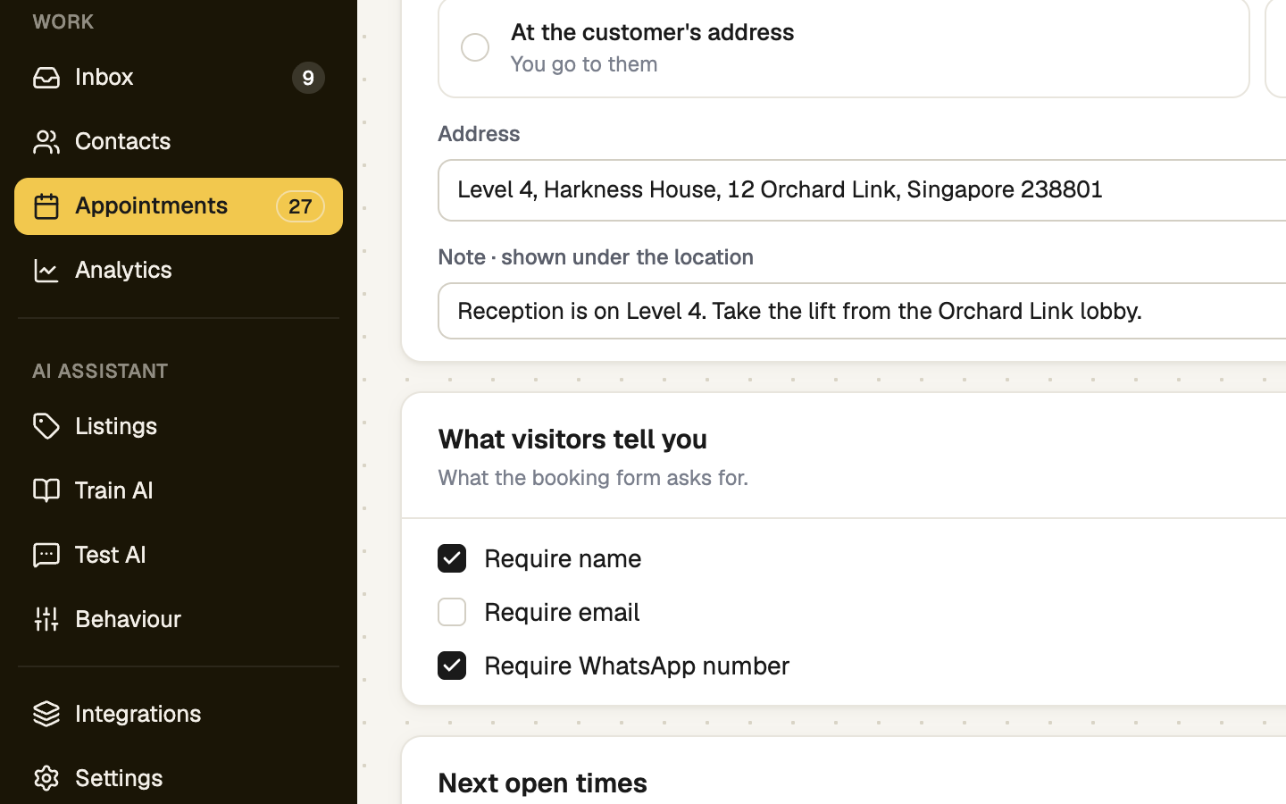 What visitors tell you card between the location and the Next open times preview