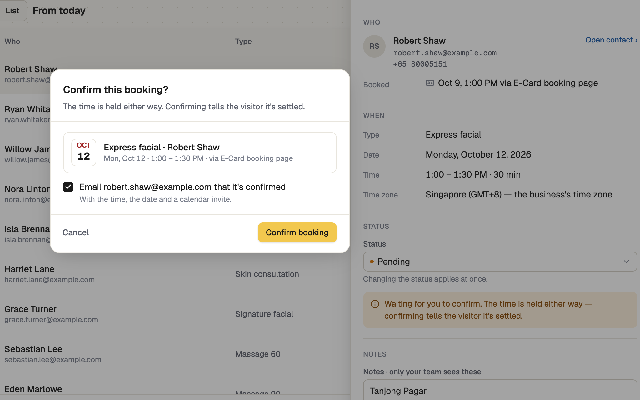 Confirm this booking dialog with the email tick