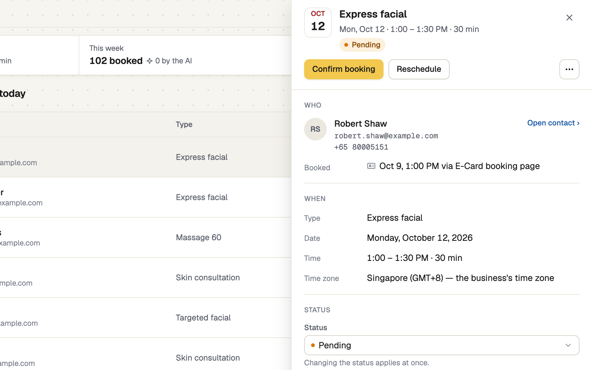 Appointment panel with Reschedule and the Status drop-down