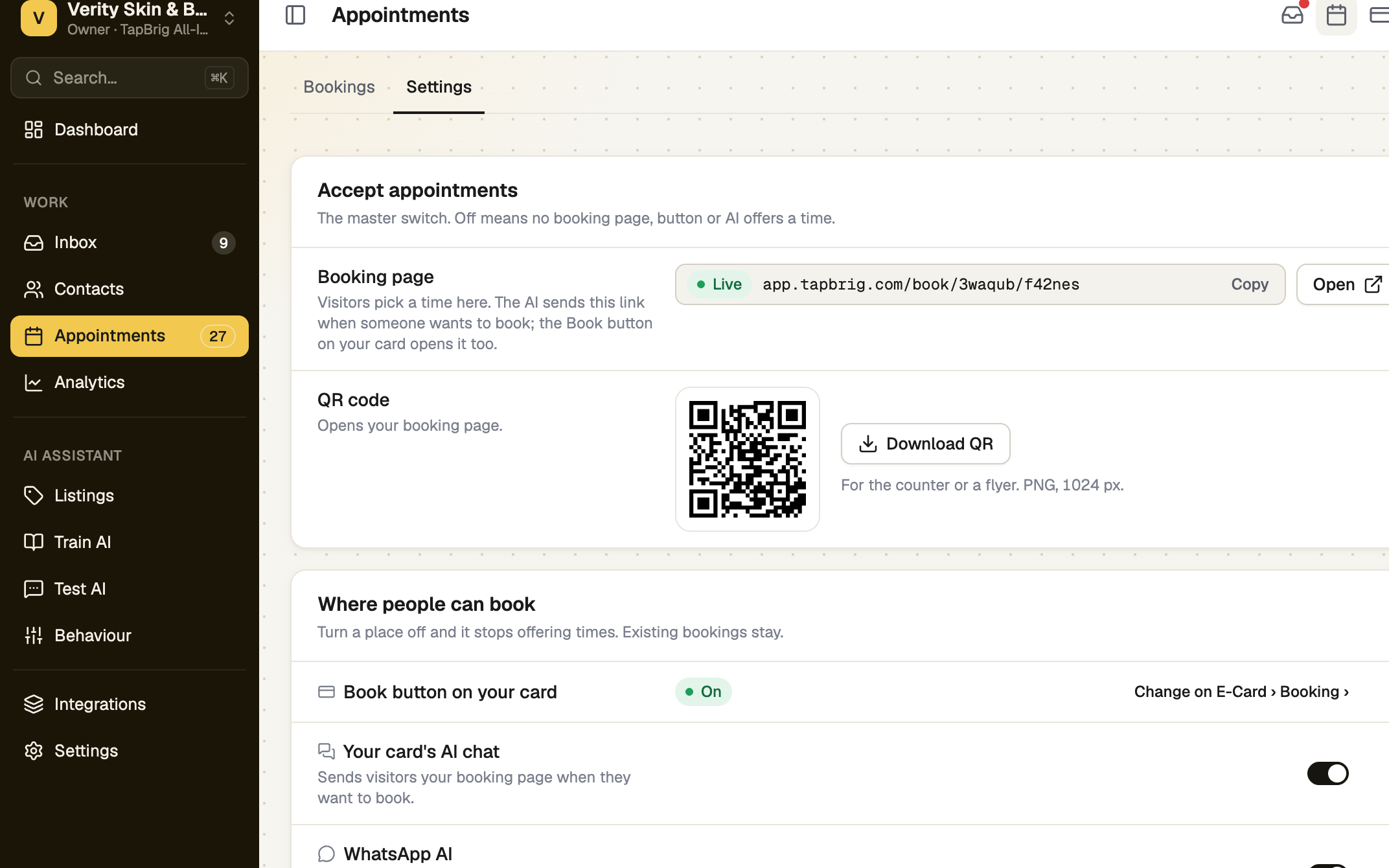 Accept appointments card with the booking page link and QR code