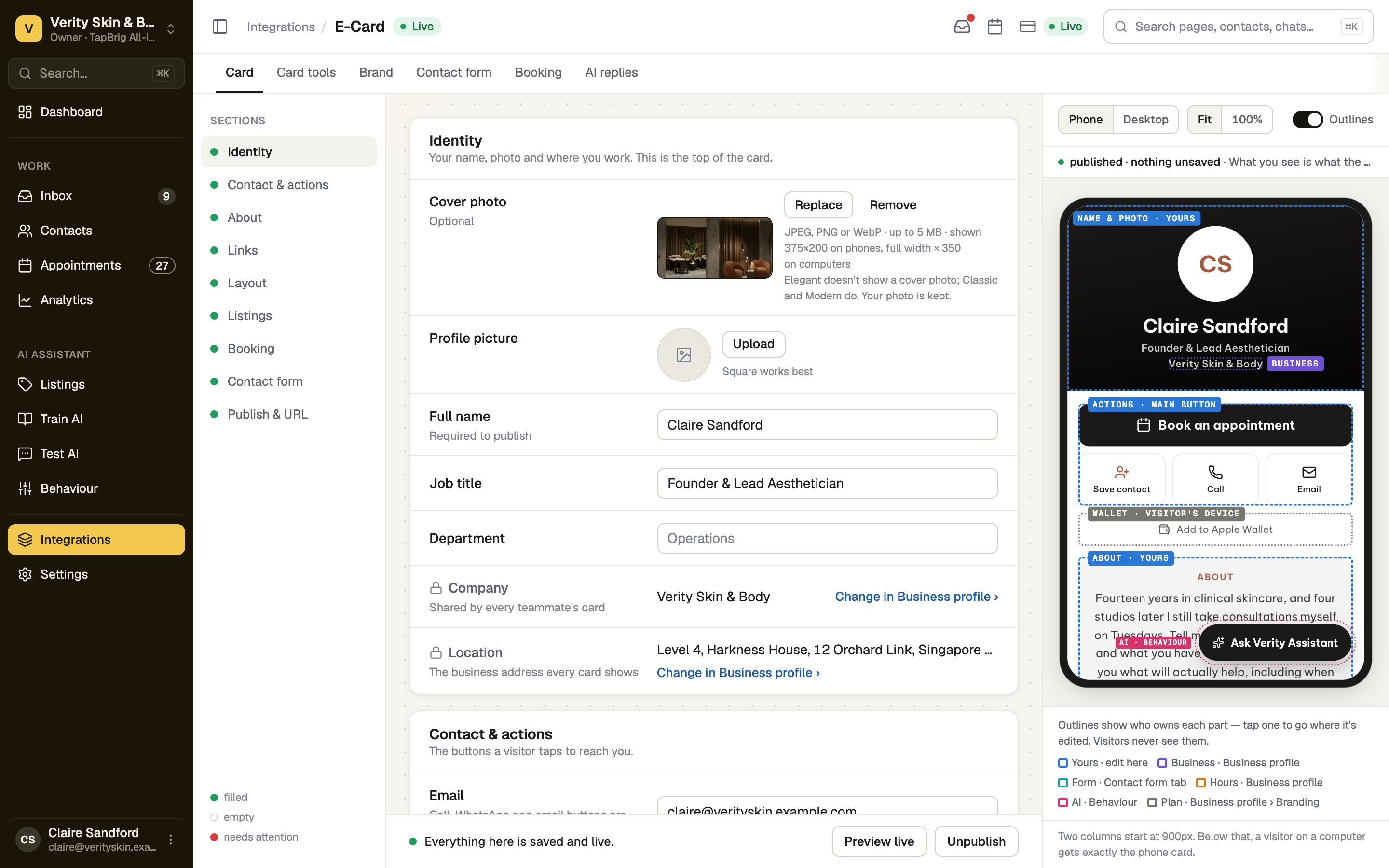 Card editor with section list, Identity form and phone preview