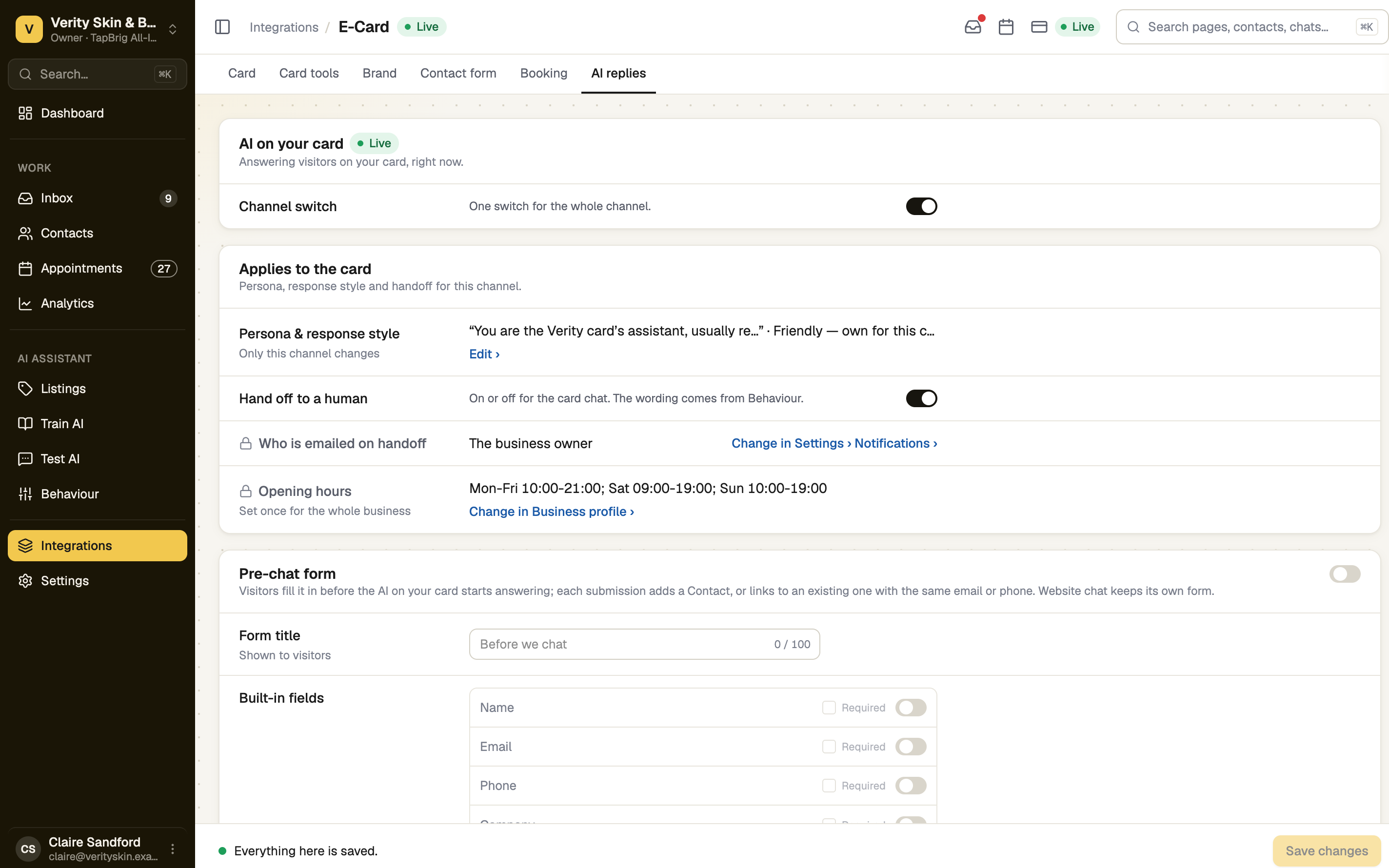 AI replies tab with the channel switch and card settings