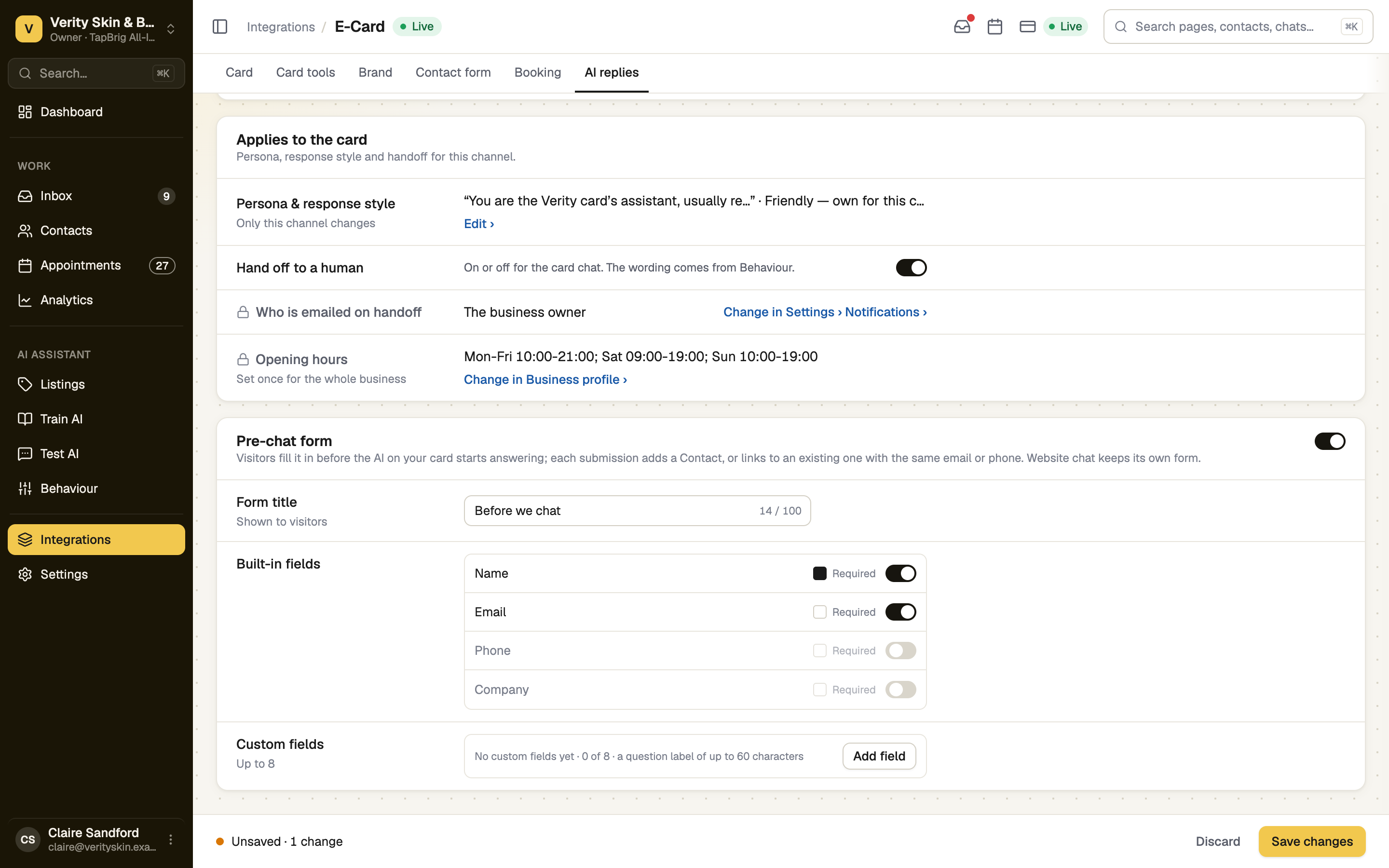 Pre-chat form card with built-in and custom fields and the save bar