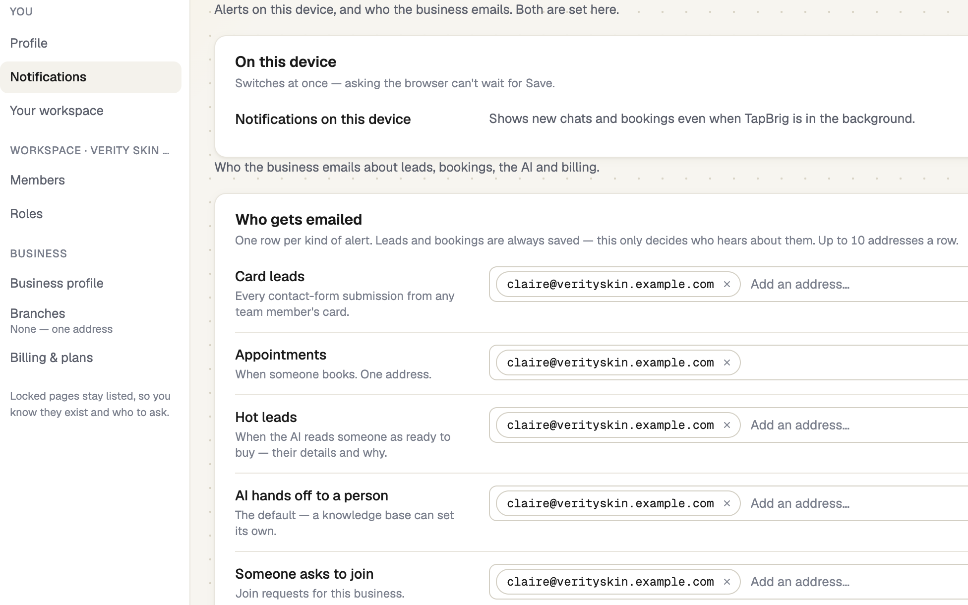 Notifications page with the Card leads recipient list