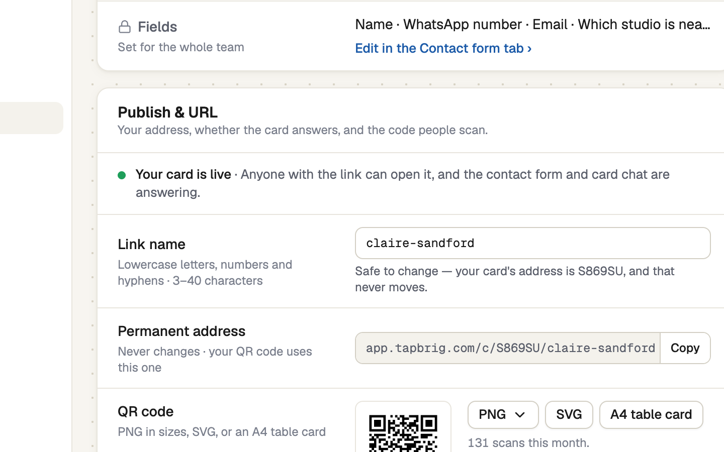 QR code row with PNG, SVG and A4 table card downloads