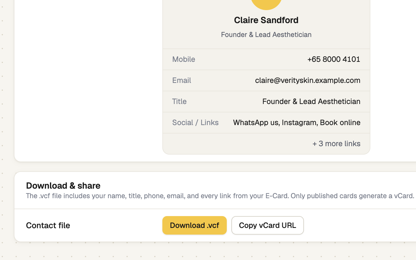 vCard / Contact tab with contact preview and download buttons
