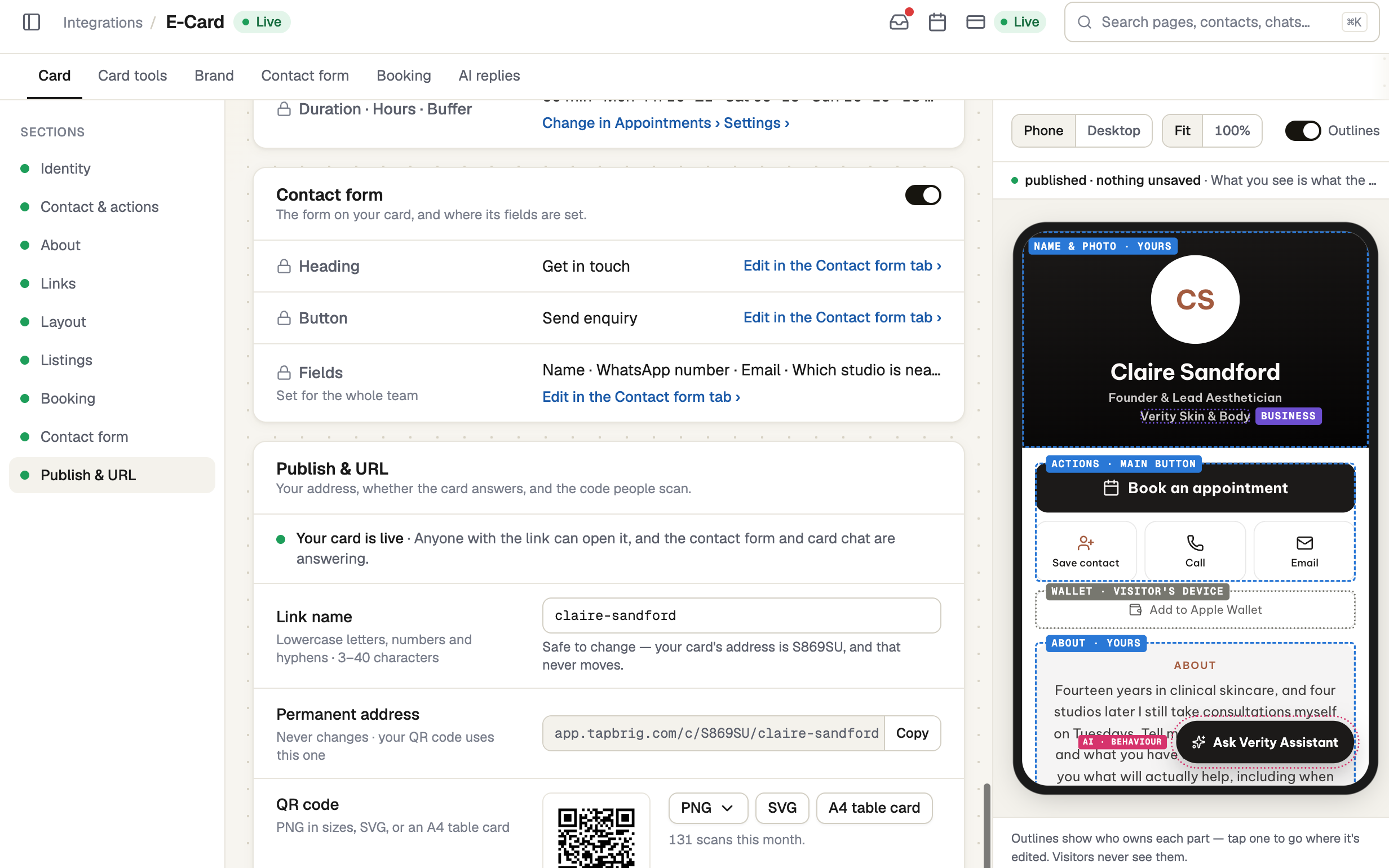 Publish and URL section with permanent address and QR code