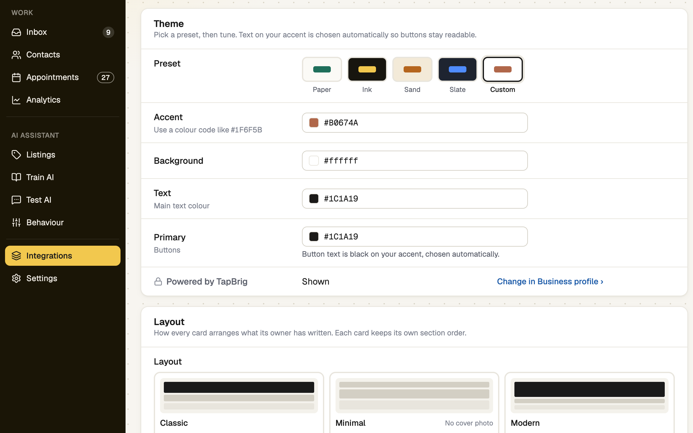 Brand tab with presets, colours and layout tiles