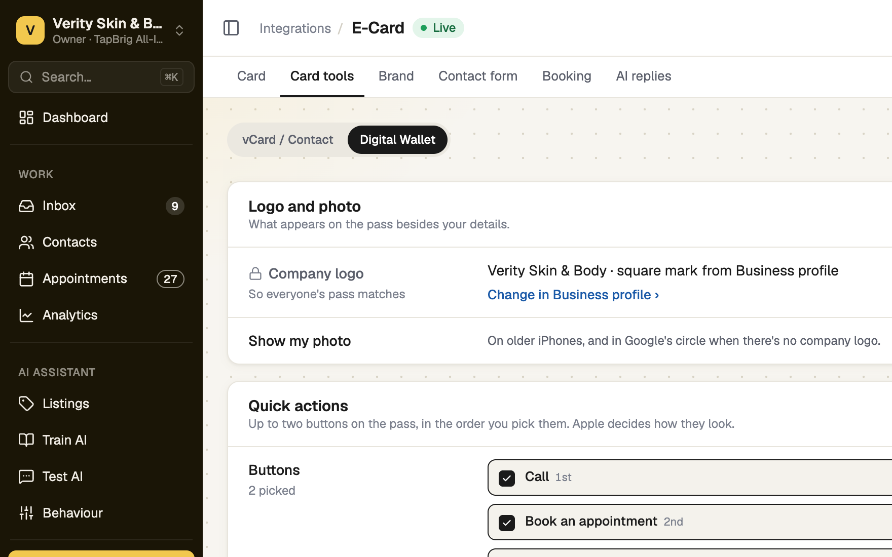 Digital Wallet tab with photo switch and quick actions