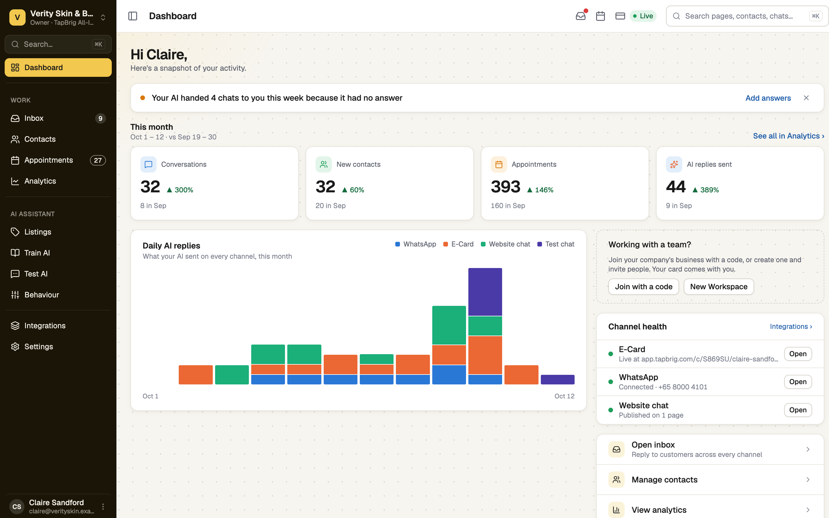 Dashboard with the full sidebar, search box and badges