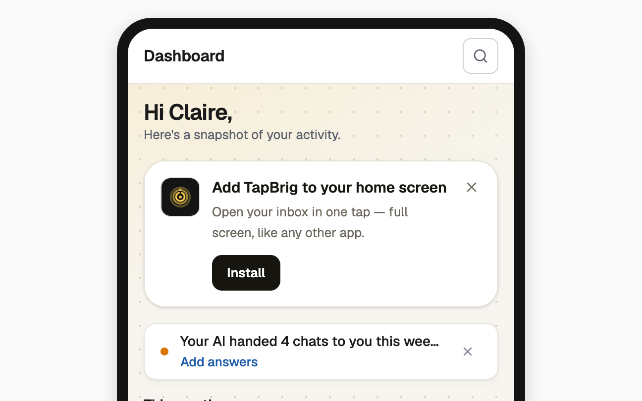 Phone Dashboard card offering to add TapBrig to the home screen