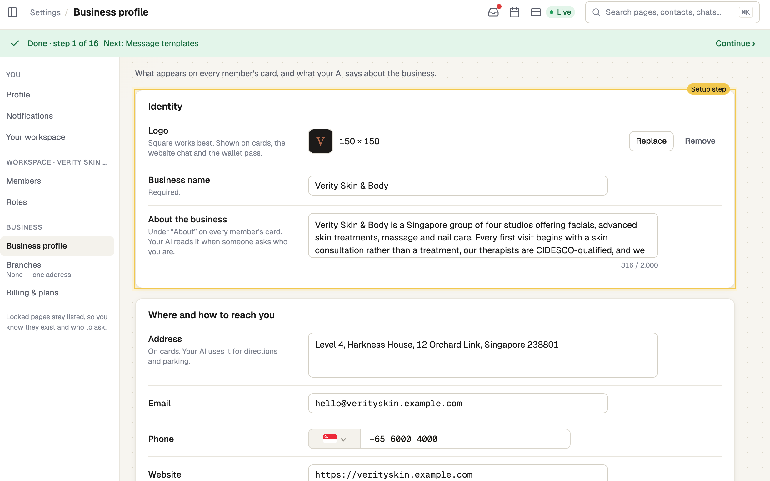 Business profile page with the Setup step bar above it