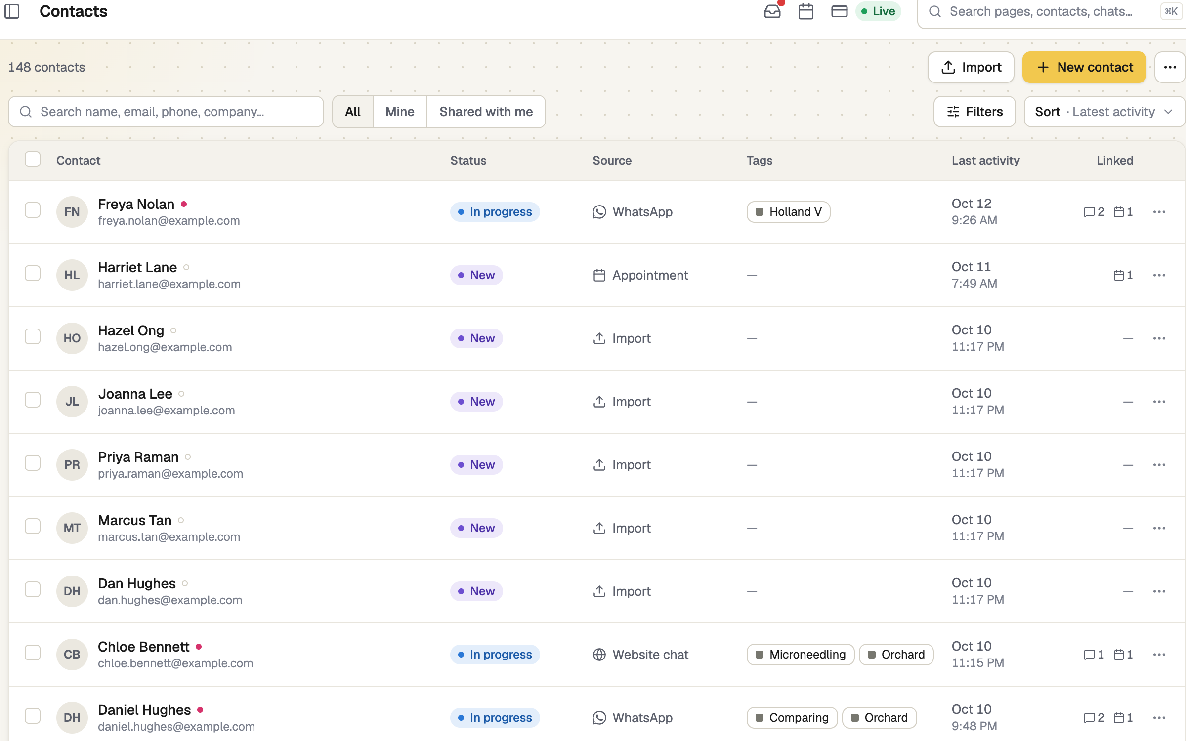 The Contacts list with search, filters and a Source column