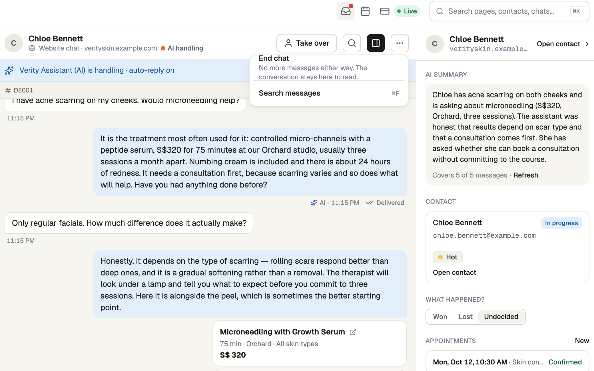 The ··· menu on a website chat with End chat highlighted