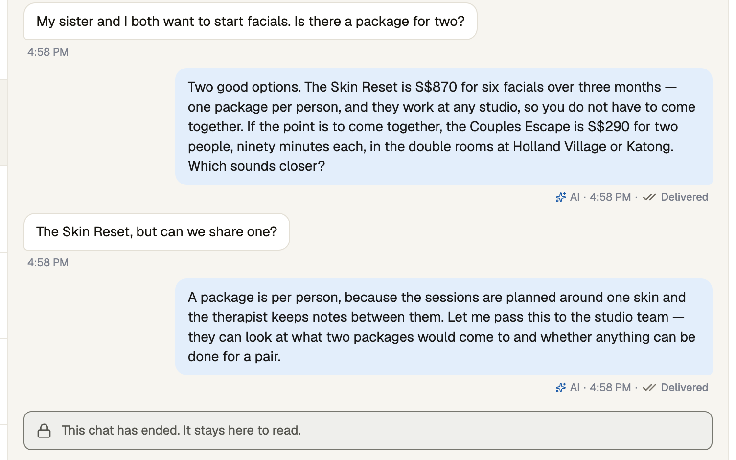 An ended chat with the message box replaced by a note