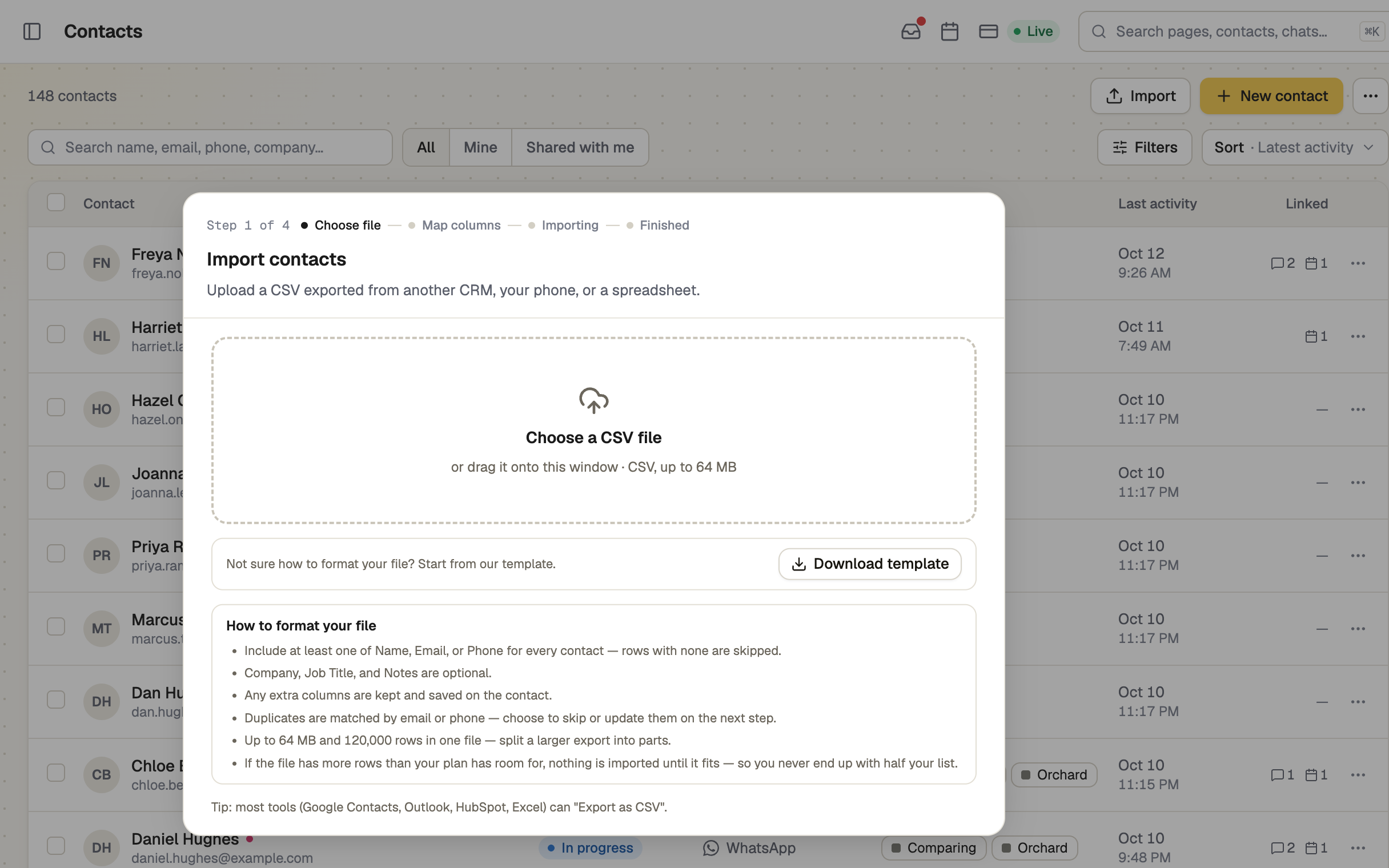 The Import contacts window at the choose-a-file step