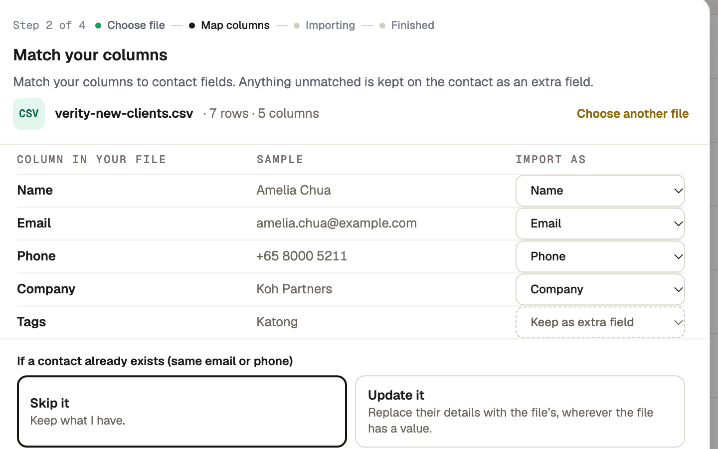 Column mapping and the duplicate choice in the import window