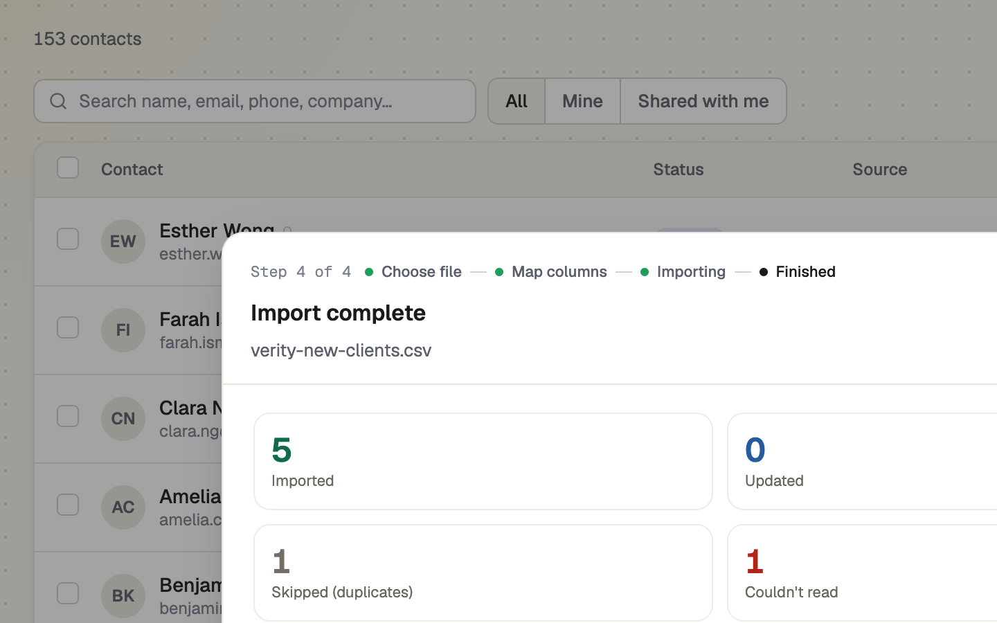 The import summary with four result tiles