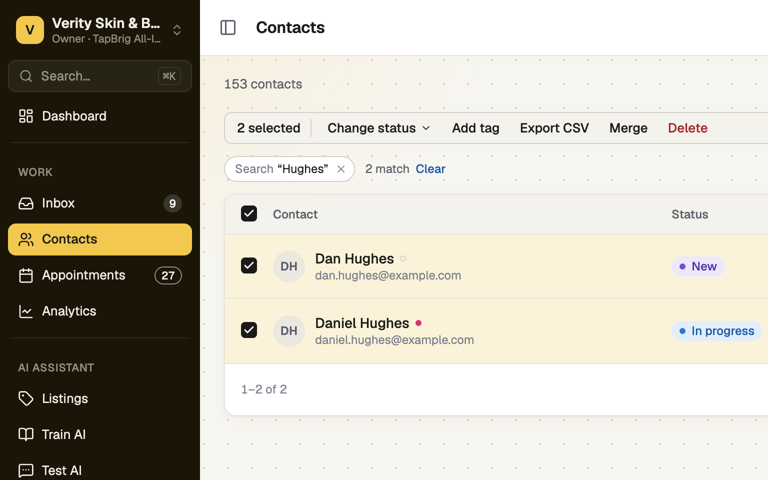 Contacts list with two rows ticked and the Merge button