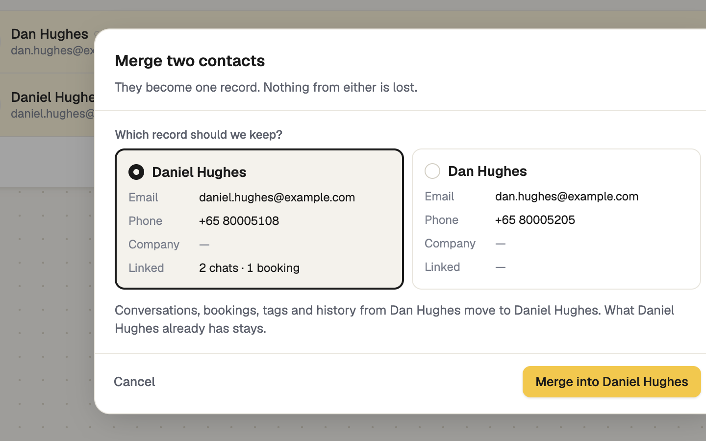 The Merge two contacts window with two record cards