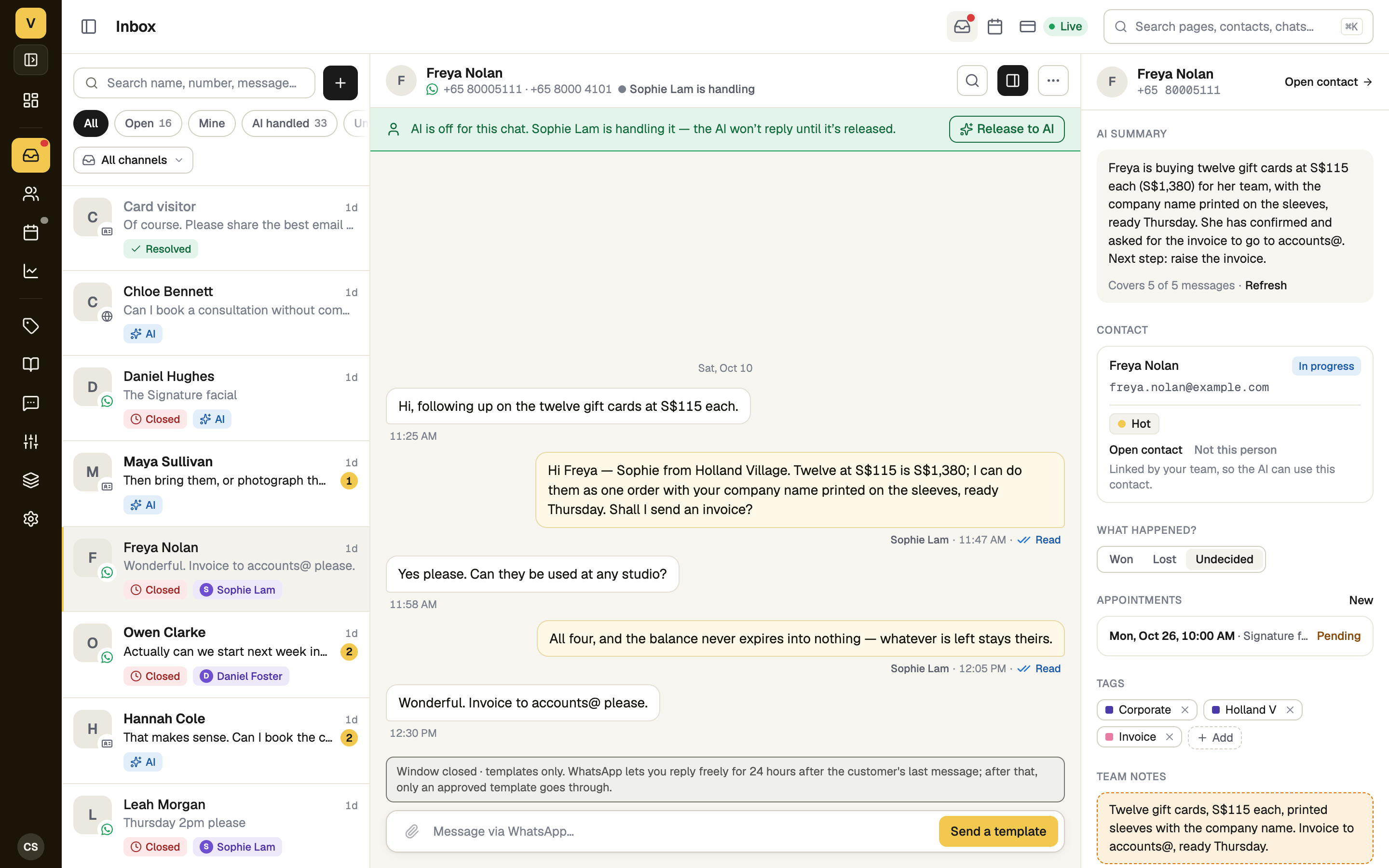 Chat after taking over, with the Release to AI strip