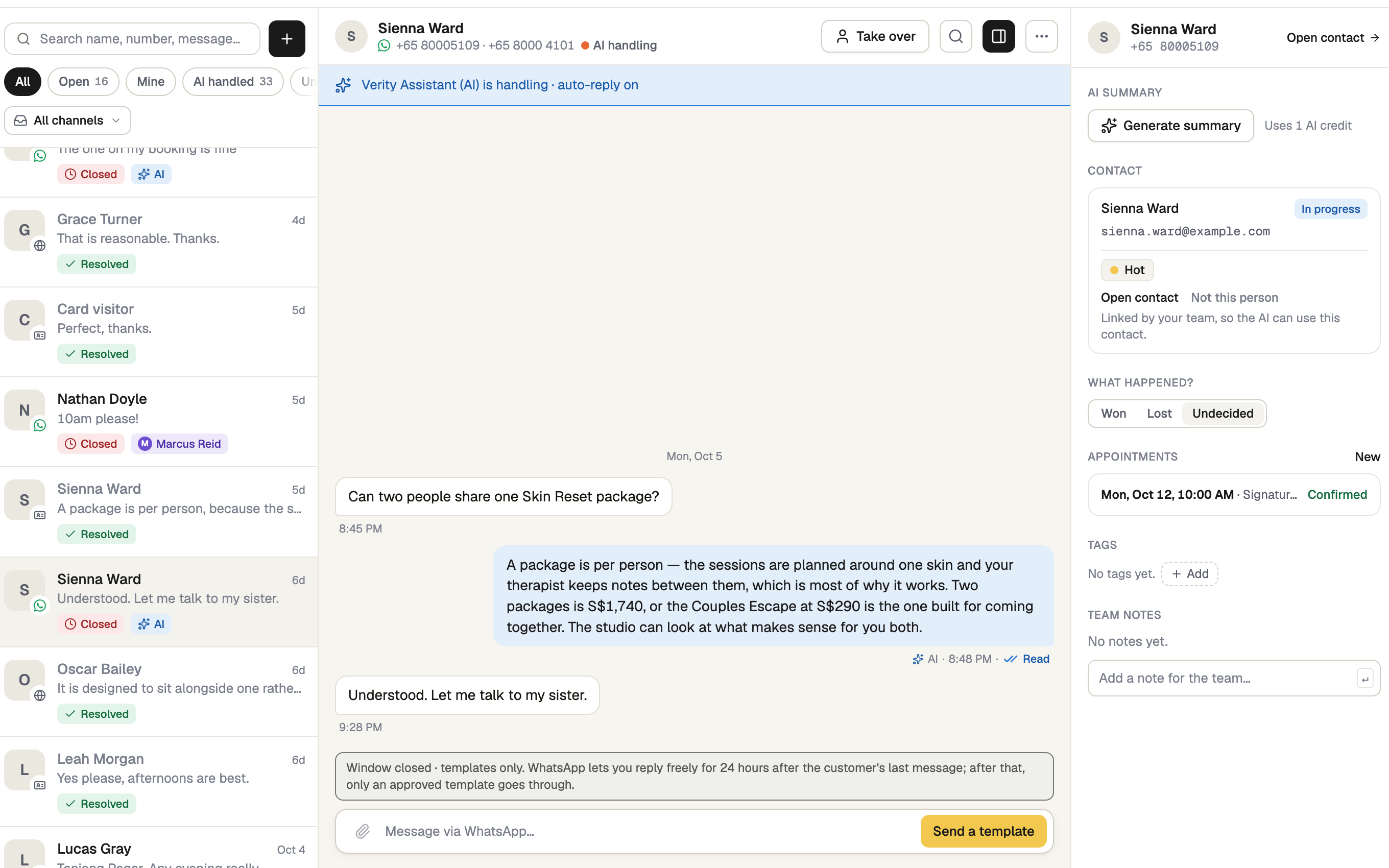 Inbox with the list, an open WhatsApp chat and its details