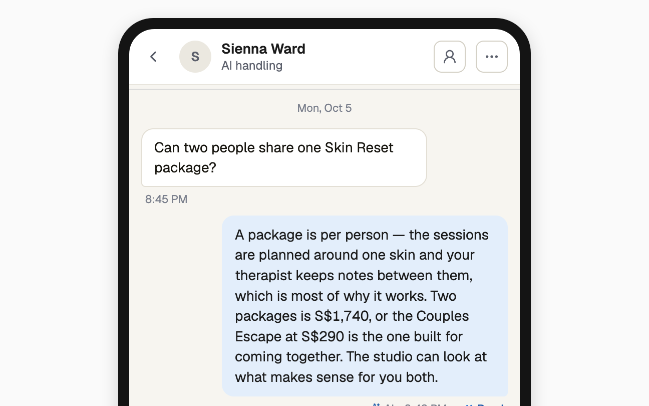 One Inbox conversation on a phone with details and menu buttons