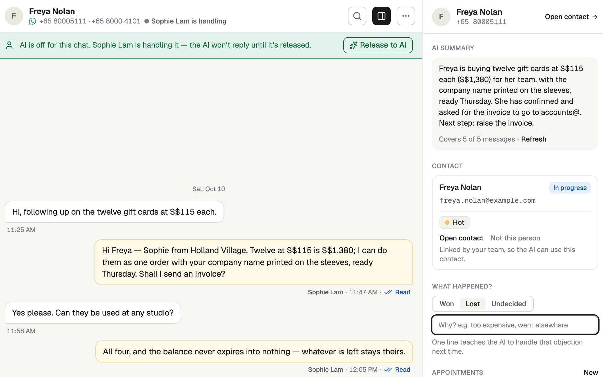 Inbox details with Won, Lost and Undecided and a reason field