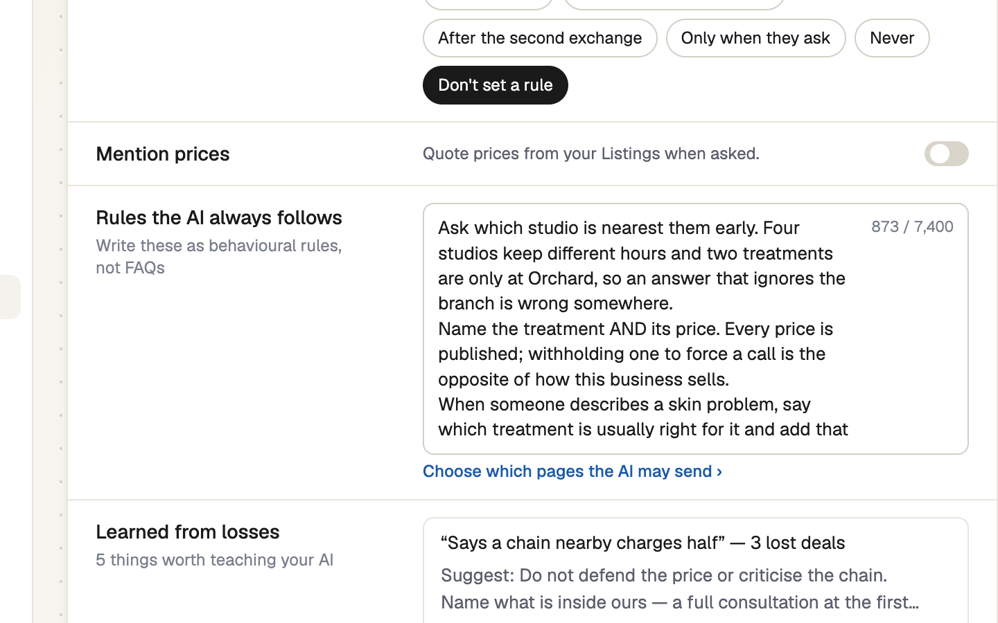 Behaviour page row suggesting an objection rule from lost deals